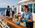 Tripulantes trabajando a bordo de un crucero: tareas intensas y coordinaci�n constante en altamar.