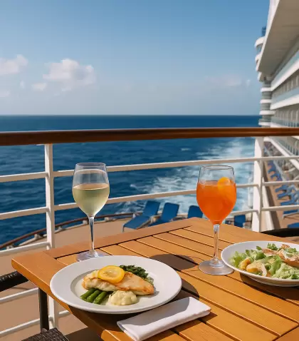 Comida servida en la cubierta de un crucero, con vista al mar: una de las experiencias m�s valoradas del todo incluido.