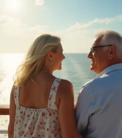 Pareja de adultos mayores en la cubierta de un crucero: comodidad, atenci�n personalizada y experiencias pensadas para disfrutar sin l�mites.