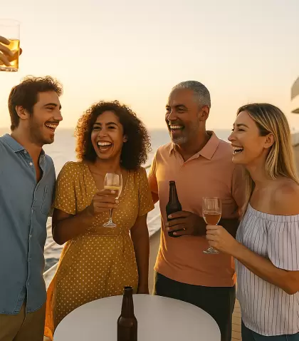 Grupo de amigos celebrando en la cubierta del crucero: una experiencia divertida si hay organizaci�n y buena energ�a.