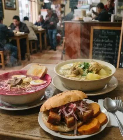 Mesa lime�a de invierno con caldo de gallina, sopa criolla, pan con chicharr�n y una taza de emoliente.