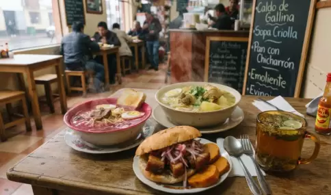Mesa lime�a de invierno con caldo de gallina, sopa criolla, pan con chicharr�n y una taza de emoliente.