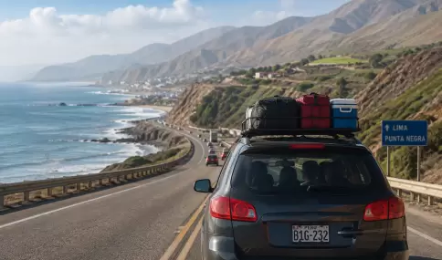 Auto saliendo desde Lima hacia una escapada costera.