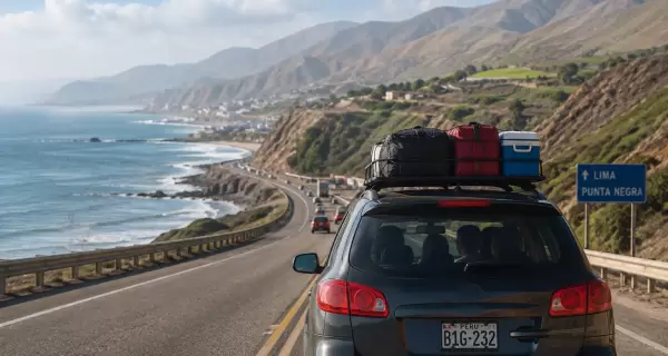 Auto saliendo desde Lima hacia una escapada costera.